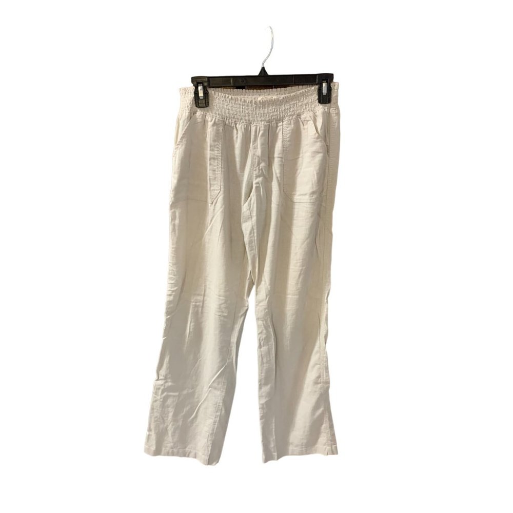 So Womens Size Medium Tan Beige Pull on Linen Pants Elastic Waist
